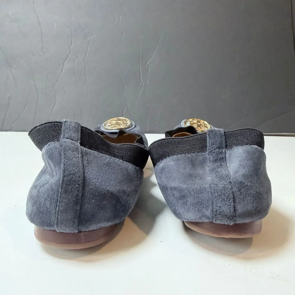Tory Burch Caroline Ballet Flats Navy Blue Suede Gold Logo Leather Size 5.5